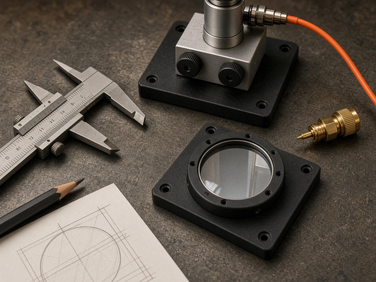 Work surface with calipers, a kinematic mount, a fiber collimator, and a drawing
