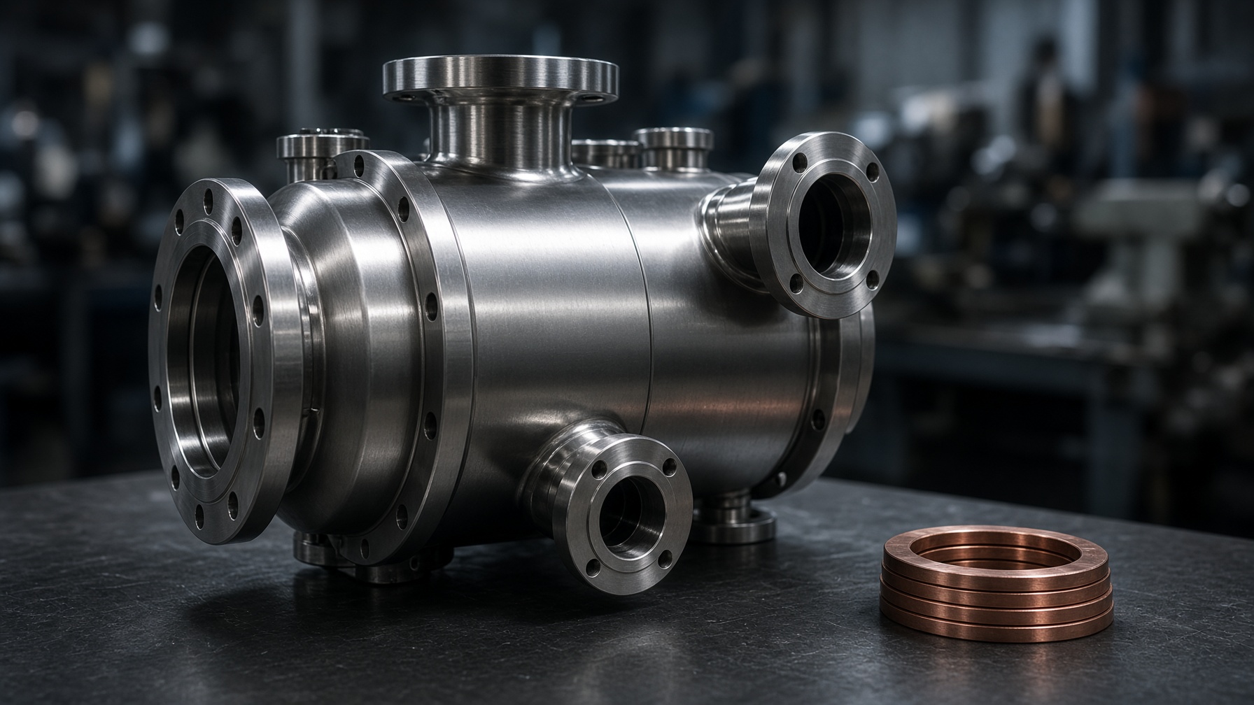 Stainless-steel chamber with precision flanges on a workbench