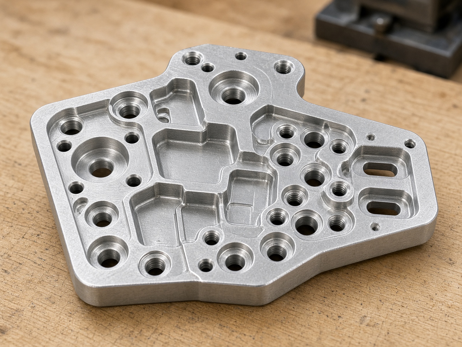 Precision-machined aluminum interface plate with pockets, mixed hole sizes, and a stepped outline