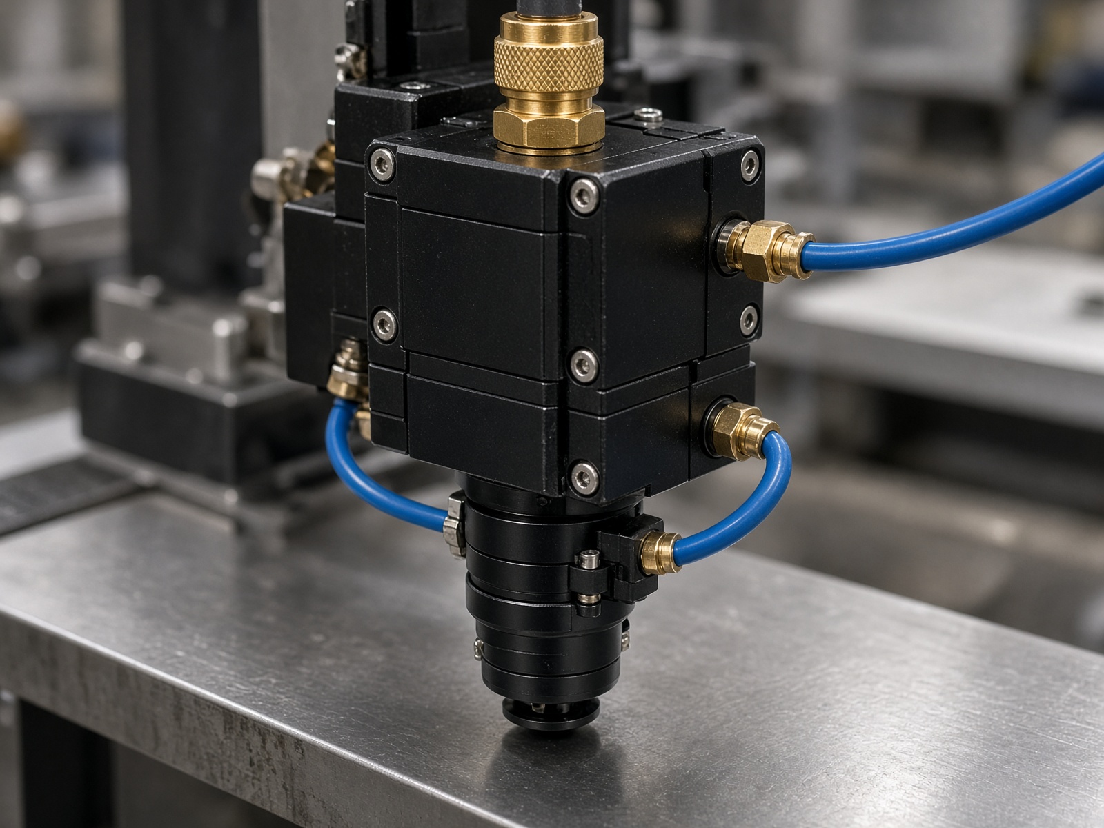 Equipment housing with cooling lines and a precision front interface on a stainless bench