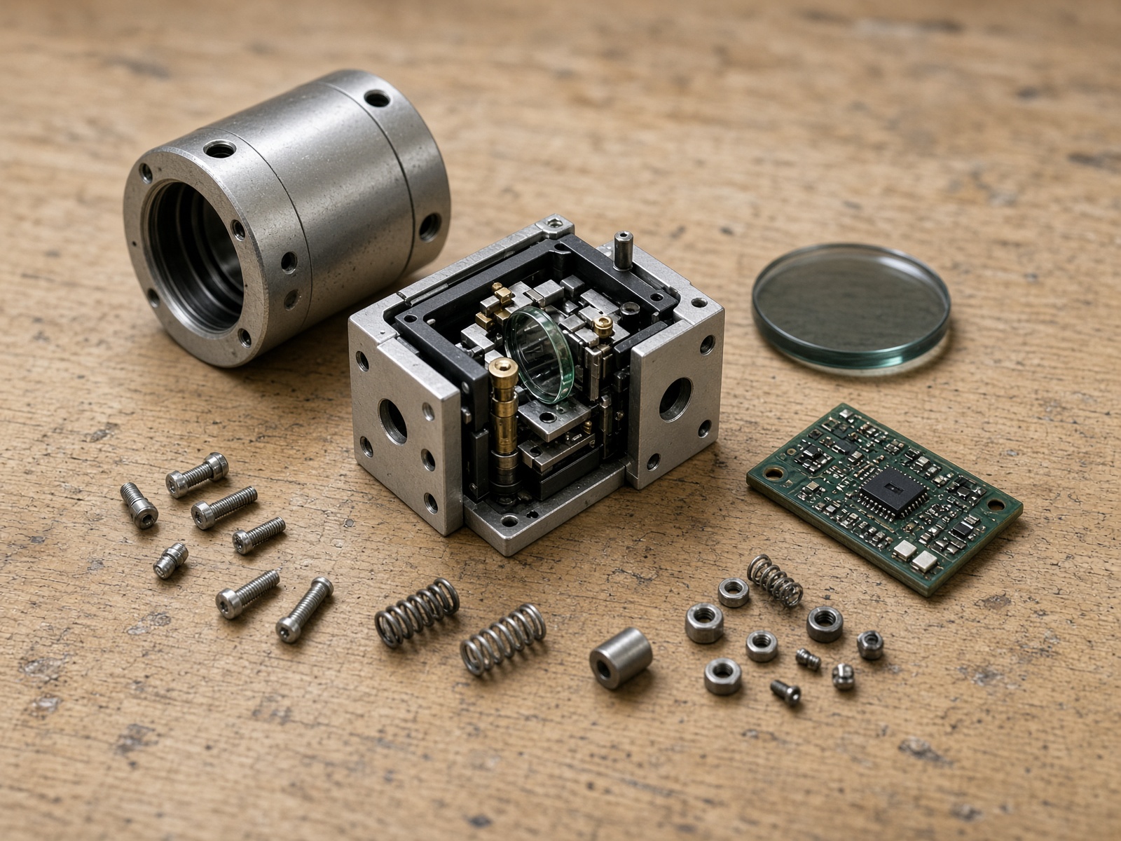 Precision instrument exploded on a workbench: housing, optic, board, and fasteners laid out like a figure