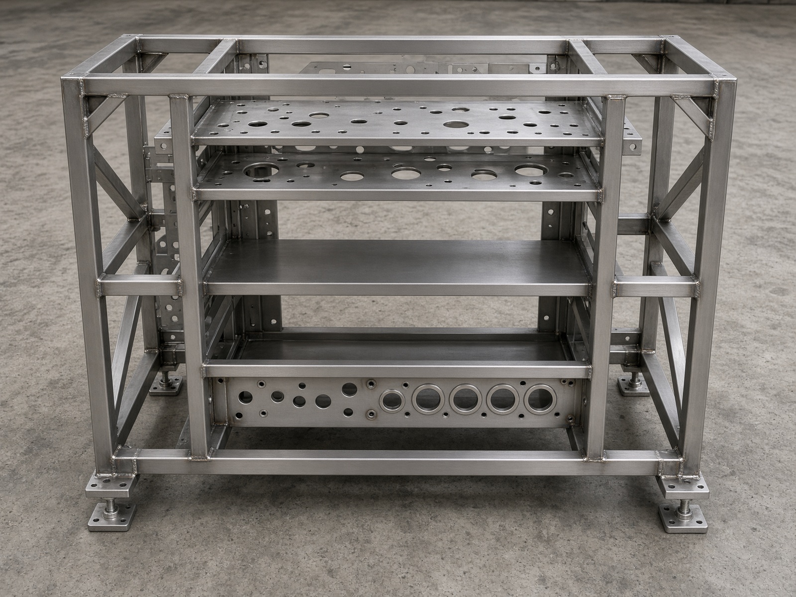 Dense TIG-welded stainless equipment chassis with gussets, mounting plates, and leveling feet